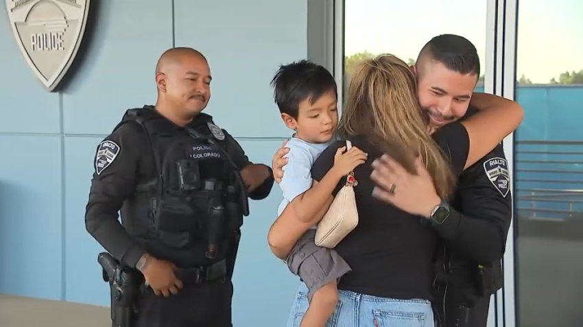 Rialto police officers on Tuesday, Aug. 11, 2026, reunite with the 3-year-old boy they saved from choking.