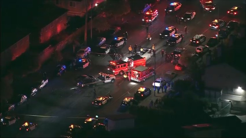 The scene in Sylmar after an officer was hit by a car on Friday, Aug. 28, 2026.