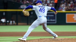 Jun 2, 2026; Phoenix, Arizona, USA; Los Angeles Dodgers pitcher Blake Treinen against the Arizona Diamondbacks at Chase Field. Mandatory Credit: Mark J. Rebilas-Imagn Images