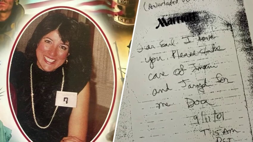 Dora Menchaca is pictured alongside the note she left in a microwave board Flight 77 on Sept. 11, 2001.