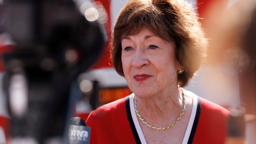 KITTERY, MAINE – AUGUST 14: U.S. Sen. Susan Collins (R-ME) speaks with the news media outside the Kittery Trading Post, the first stop of a weekend re-election campaign bus tour of the state of Maine, on August 14, 2026 in Kittery, Maine. (Photo by CJ Gunther/Getty Images)