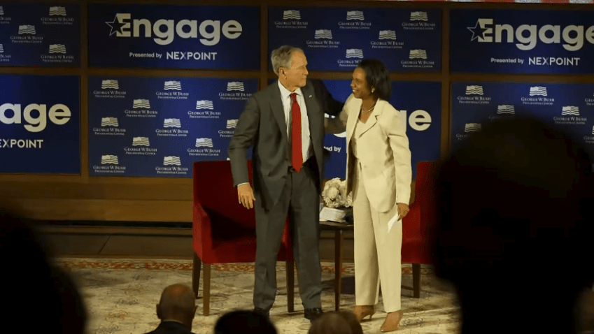 Former President George W. Bush and former Secretary of State Condoleezza Rice at an event in Texas on Sept. 9, 2026.