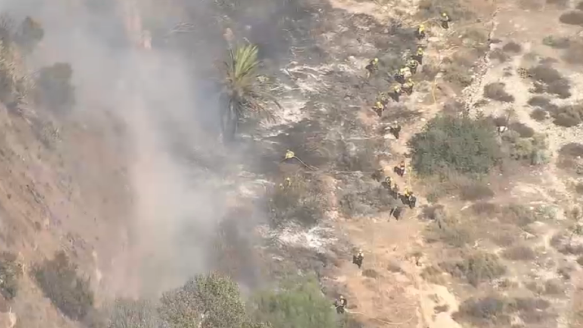 Brush fire burns on hillside below homes in Sunland