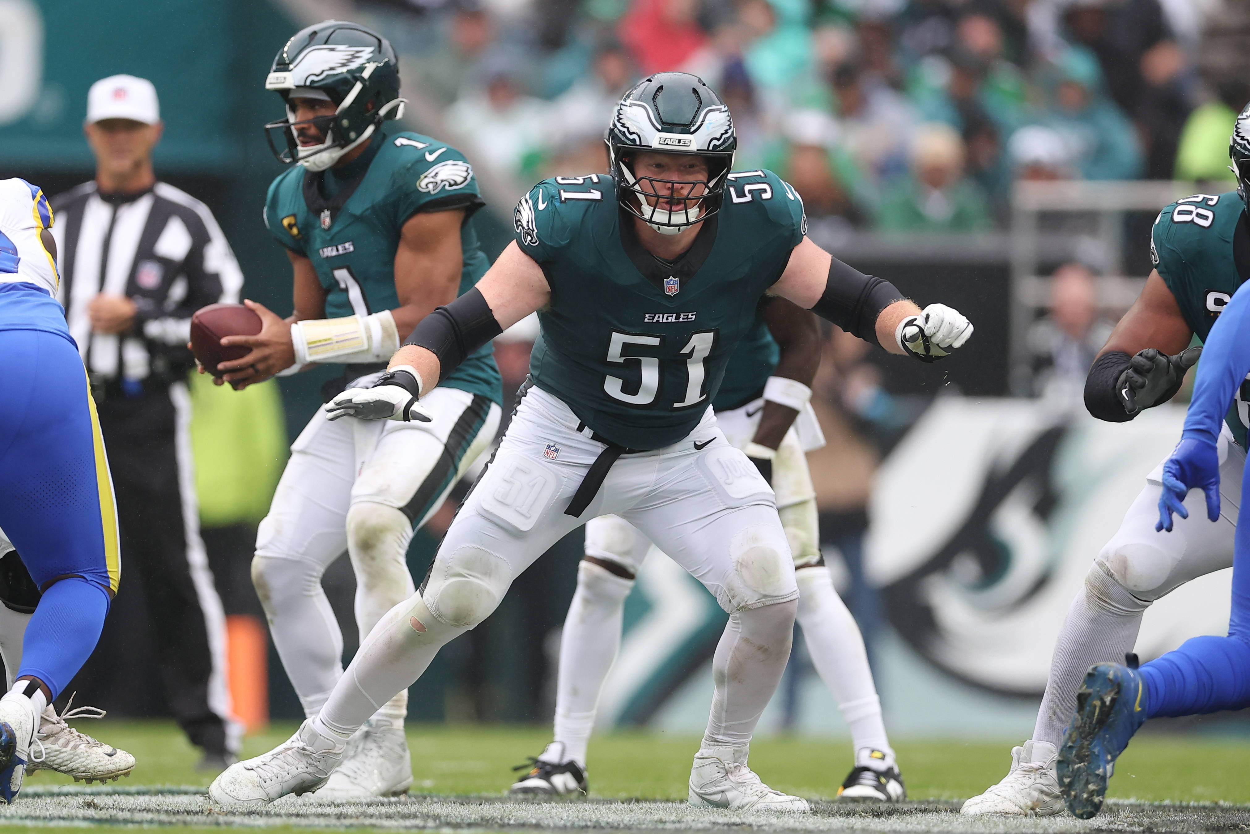 Oct 4, 2026; Philadelphia, Pennsylvania, USA; Philadelphia Eagles center Cam Jurgens (51) plays against the Los Angeles Rams at Lincoln Financial Field. Mandatory Credit: Bill Streicher-Imagn Images