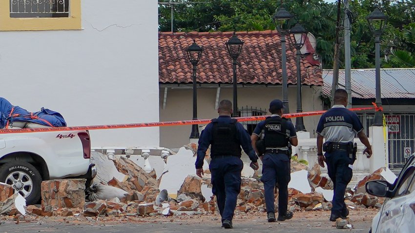 PENONOME, PANAMA - OCTOBER 9: Police officers patrol around the damaged St. John Baptist Cathedral after a 7.7 earthquake struck Panama on October 9, 2026 in Penonomé, Panama. According to the Geoscience Institute of Panama, the 7.7 earthquake occurred 14 kms from Pitaloza Arriba. Authorities report severe damage in Penonomé and Santiago. Meanwhile, in the capital city, there are no reports of significant damage.