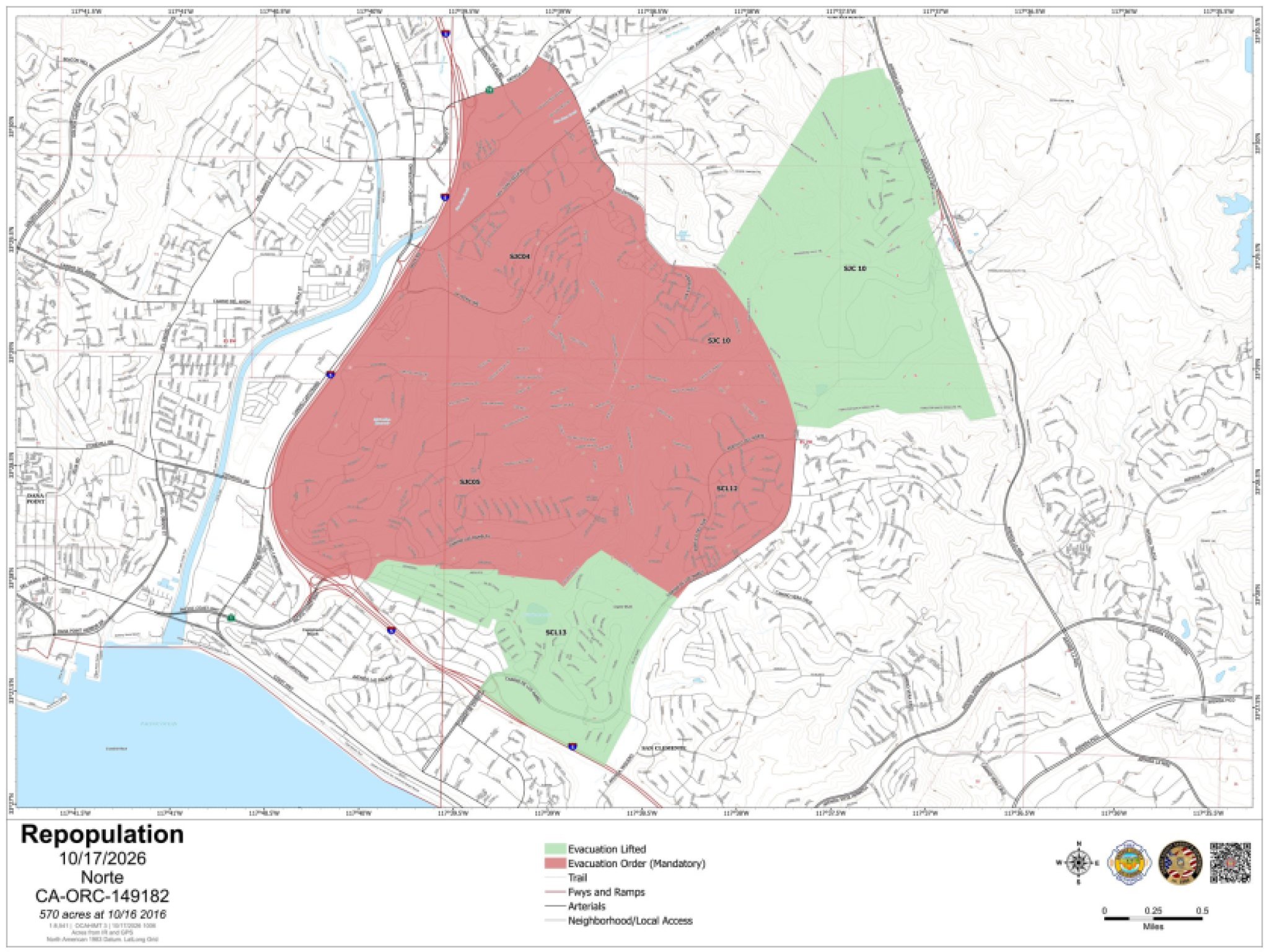 A map showing the areas under evacuation orders (red) and where evacuation orders have been lifted (green) for the Norte Fire on Saturday, Oct. 17, 2026.