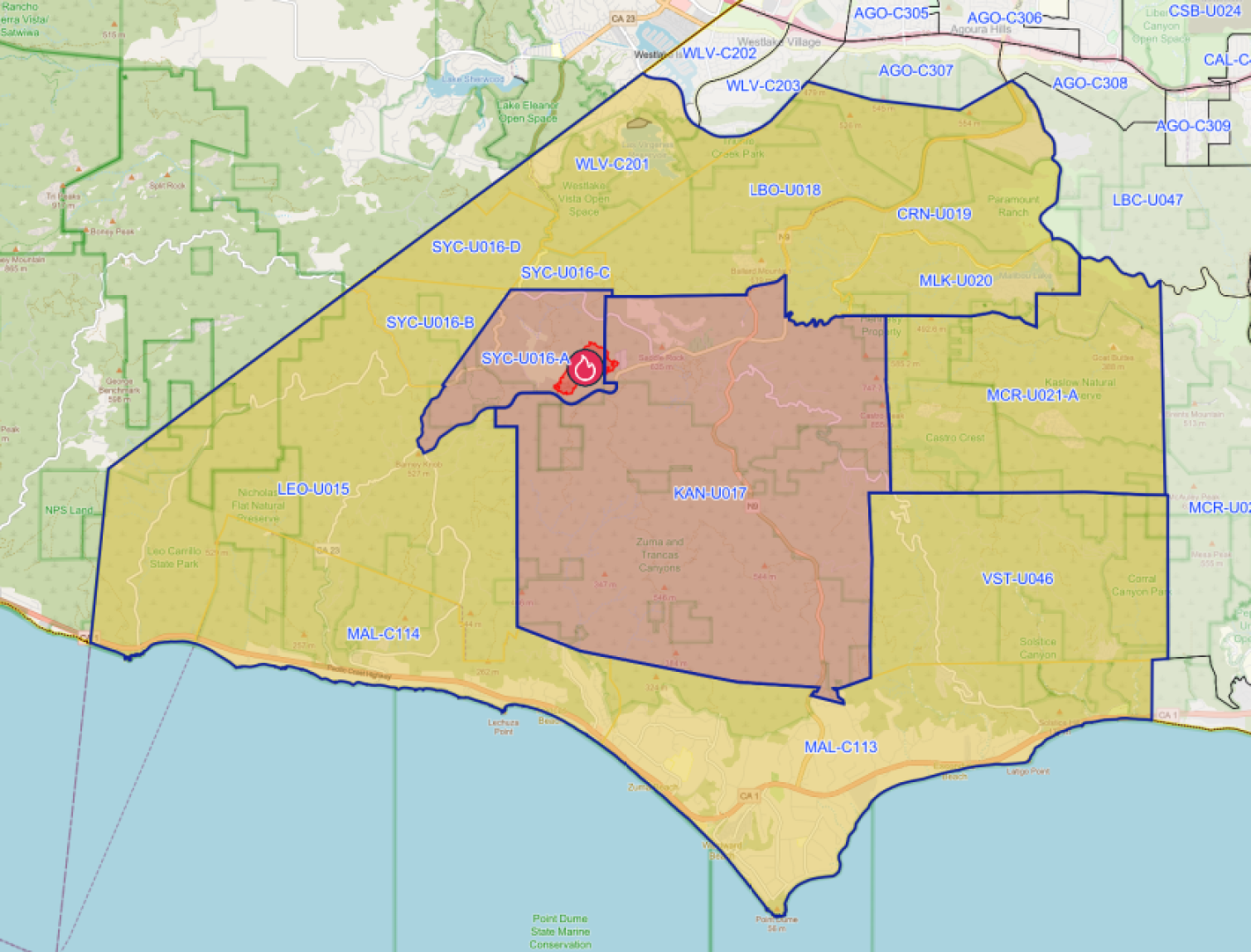 A map showing the areas under evacuation orders and warnings due to the Bryson Fire in Malibu on Thursday, Oct. 15, 2026.