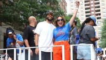 NEW YORK, NY - JUNE 18: Jalen Brunson and Mariska Hargitay are seen at the New York Knicks championship ticker-tape parade and victory rally to celebrate winning the 2026 NBA Finals on June 18, 2026 in New York City.  (Photo by Jose Perez/Bauer-Griffin/GC Images)
