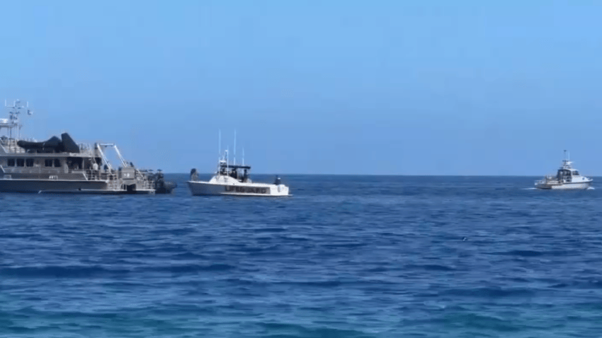 A lifeguard boat near the scene of a helicopter crash off Santa Catalina Island.
