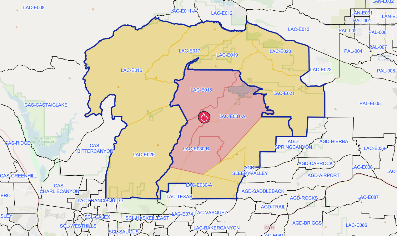 A map showing the evacuation warnings (yellow) and orders (red) in effect due to the Bouquet Fire on Saturday, Oct. 3, 2026.