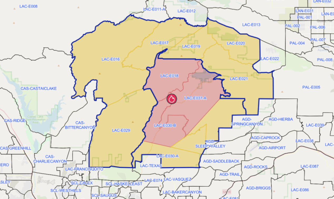 A map showing the evacuation warnings (yellow) and orders (red) in effect due to the Bouquet Fire on Saturday, Oct. 3, 2026.