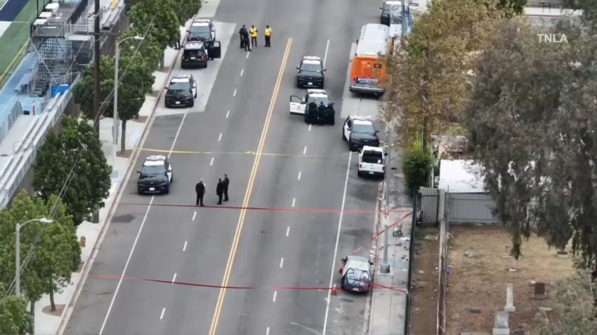 The scene after a deadly shooting in Pico-Union on Sunday, Oct. 11, 2026.