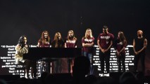 From left: Demi Lovato, Samantha Megan Deitsch, Eden Hebron, Maia Hebron, Mackenzie Marie Chapman, Julius Castillo and Sarah Stricker onstage at the opening concert of Lovato
