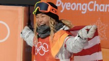 Gold medalist Chloe Kim of the United States celebrates winning the Snowboard Ladies