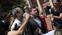 Counter protesters confront Jason Kessler, an organizer of "Unite the Right" rally, after Kessler tried to speak outside the Charlottesville City Hall on August 13, 2017 in Charlottesville, Virginia.