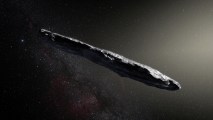 An artist’s impression of the first interstellar asteroid, Oumuamua, discovered on Oct. 19, 2017, by the Pan-STARRS 1 telescope in Hawai`i.