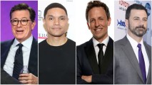 From left to right: Stephen Colbert, Trevor Noah, Seth Meyers and Jimmy Kimmel.