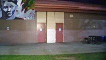 A wall at Palo Alto High School once adorned with a James Franco mural has been painted over, but other art work (inset) at the school remains intact. (Jan. 31, 2018)