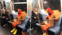 Prankster in Turkey Costume Carves, Gobbles Bird on Subway