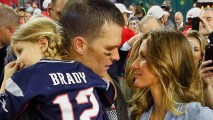 In this file photo, Tom Brady of the New England Patriots celebrates with wife Gisele Bundchen and daughter Vivian Brady after defeating the Atlanta Falcons during Super Bowl 51 at NRG Stadium on February 5, 2017 in Houston, Texas.